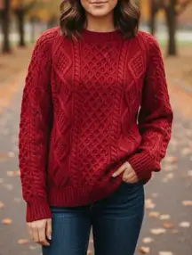 Donegal Tradition Red Chunky Irish Aran Heavyweight Merino Wool Sweater LARGE