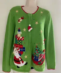 Vintage Festive Christmas winter Green Santa  cotton & Ramie  knit Cardigan