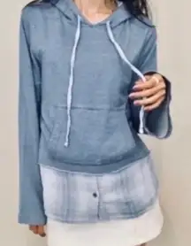 Anthropologie Cloth & Stone 2 fer Chambray Plaid Faux Layered Hoodie A103