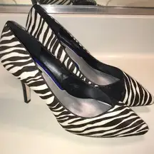 White House Black Market Women’s Monarch Calf Fur Zebra Print Leather Heels