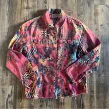 Chico's Design Women's Linen Blend Button Up Jacket Animal Print Artsy Size 1
