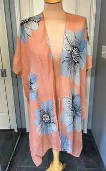 Peach & Blue Floral Kimono Lightweight Cardigan Swim Coverup‎