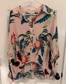 Tropical Floral Bat‎ Wing Collared Button Up Shirt Size Large