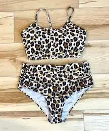 Leopard Print 2 Piece Swimsuit With Adjustable￼ Corset Back Size M Shein (183)