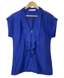 REISS Ruffled V-Neck Full Zipper Front Violet Blue Lightweight Blouse, Small