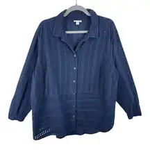 J. Jill Corduroy 100% Cotton Navy Eyelet Button Up Collared Corduroy Shirt 2X