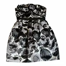 BCBGMAXAZRIA Black Combo Dress Print Rosette Tuxedo Trim Strapless Mini 02 EUC