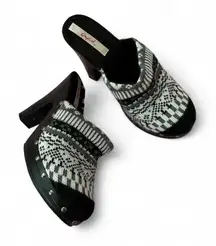 Qupid Fair Isle Knit Clog Heels Studded‎ Wood Platform Black Heel Mules