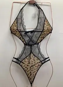Leopard One Piece Lingerie With Back & Neck Tie & Adjustable Straps. New