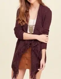 HOLLISTER Fringe Blanket Cardigan Burgundy Maroon Red Open Draped WOOL Sweater