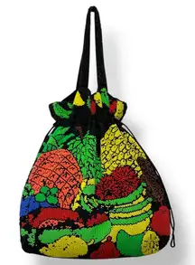 Vtg Artisan Beaded Tropical Fruit Drawstring Bag Women Medium Colorful Statement