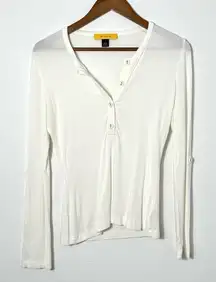 St. John White Long Sleeve Henley in Stretch Jersey Knit‎ Size Small