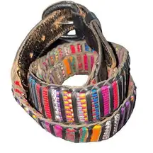 Stitched woven Genuine Leather Aztec Ethnic Boho Indie Print Belt size 42 pink