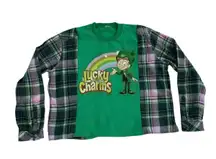 Unique One of a Kind Flannel Sleeve Lucky Charms Green Sweatshirt M L