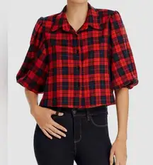 AQUA Plaid Crop Button Down Shirt Red Navy