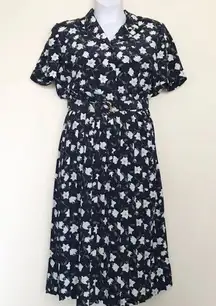 Vintage Leslie Fay Poly Secretary Navy Floral Belted Midi Dress 80s 90s 12 L