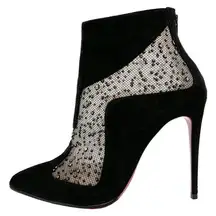 Christian Louboutin Papilloboot Black Suede Mesh Glitter Pointed Toe Ankle Boots