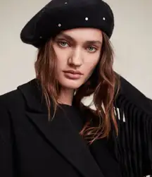AllSaints Maia Black 100% Wool Studded Beret Hat Gold Tone Studs Glam Rock