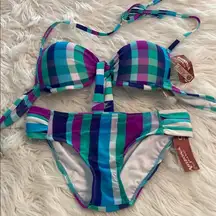Arizona Colorful Plaid Bikini Set size S push up bra brand new with tags
