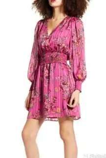 Pink Floral Long Sleeve Mini Dress Cocktail Party Low Back Satin XS New