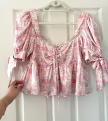 WAYF Terry Top Floral Print Puff Sleeve Peplum Top in Pink Mini Roses  