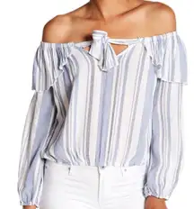 Women’s Blue White Striped Ruffle Off The Shoulder Top BOHO in a size Small