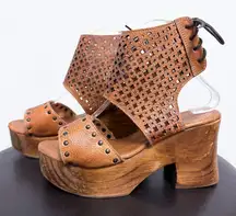 Bed Stu Tan Rustic Brown Leather Mali Platform Perforated Back Tie Sandals 8