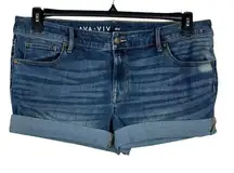 Ava & Viv SZ 18W Midi Jean Shorts Cuffed Stretch Mid-Rise Zip-Fly Whiskered Blue