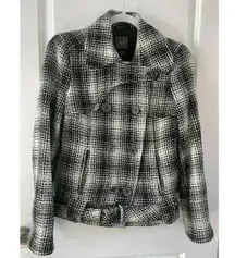 Armani Exchange Double Breasted Wool Blend Belted Pea Coat Black White Size S