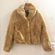 2000s Y2k Vintage Rampage Tan Camel Brown faux fur jacket coat big collar long sleeve slight crop Size L, measurements in pics. Excellent condition Softest faux fur I have EVER felt! Mob wife, old money, luxury