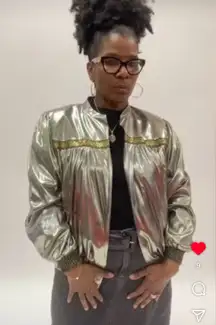 Vintage Metallic Silver Bomber Jacket with gold ribbon accents and shiny gold