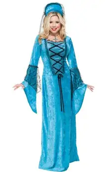 Charades Renaissance Queen Costume Blue Velvet Gown and Headpiece NEW IN PACKAGE