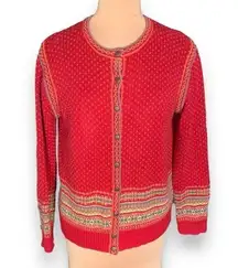 Vintage Ms. Lee Cardigan Sweater Red Colorful Fair Isle Button Front Crewneck