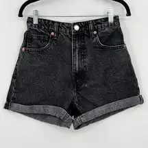 Zara High Rise Cuffed Jean Shorts High Waisted Black Acid Stone Wash Zip Size 2