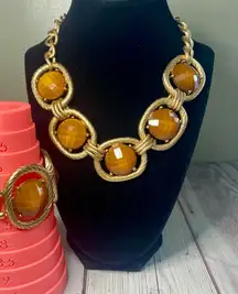 Vintage Mika Gold And Amber Colored Statement Necklace and Bracelet Set