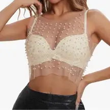 Love J Crewneck Sleveless Pearl & Rhinestone Sheer Ivory Mesh Crop Tank Top