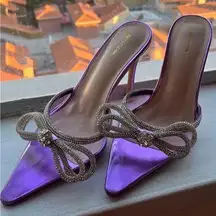 PrettyLittleThing Purple Vinyl Diamante Bow High Court Heeled Mules