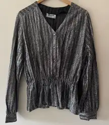Vintage Teddi Silver Metallic Sparkly Button Down Top Tie Adjustable Waist