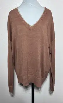 Dear John Distressed Neck and Cuff Rust Orange V Neck Sweater Large
