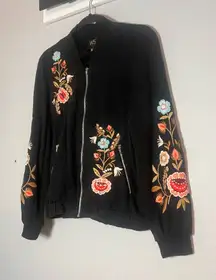 W5 Anthropologie Full Zip Sweatshirt Black Floral Embroidered Beaded Size Small