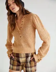 Free People Ethereal Dainty Open Knit Snowdrift Crochet Sweater Large Tan Camel