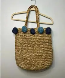 Straw Purse Shoulder Bag Blue Pom Poms Boho Summer Coastal Woven