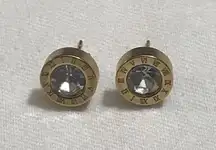 Cute Elegant Gold Tone Roman Numbers Stud Earrings Clear Crystal