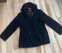 Anne Klein Wool Pea Coat Hooded Black Double-Breasted Buttons Women's Size PL