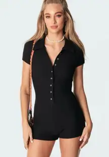 Edikted Lucia Ribbed Knit Romper One Piece Black Button Front Fitted Size XS