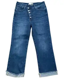 Risen Jeans Womens 11 30 Blue Denim Cropped Flare Button Fly Crossover High Rise