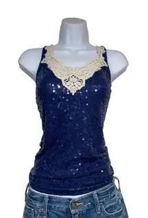 2011 Express navy blue sequin top with cream lace detailing