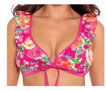 Skinny Dippers Pink Floral Ruffle Bikini Top Size L Kiara Polka Dot Tie Front