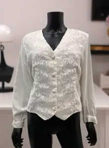 Vintage Envious White Lace‎ Button Blouse Long Sleeve Feminine Top S M