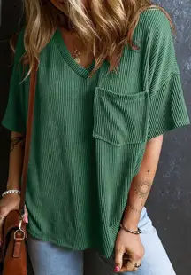 NEW Green Short Sleeve Ribbed Dressy Oversized T Shirt M